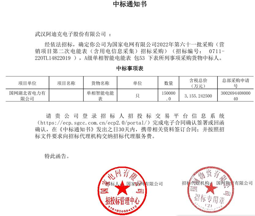 熱烈祝賀公司在國(guó)家電網(wǎng)2022年第六十一批電能表招標(biāo)項(xiàng)目中中標(biāo)